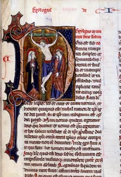 Kreuzigungsszene in einem Briefkopf (Buchstabe D). Miniatur in „Speculum historiale“ von Vincent De Beauvais (12. Jahrhundert)