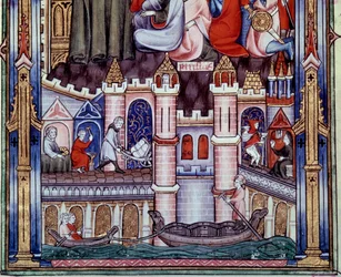 Szenen von Bau- und Navigationsarbeiten in Paris im Mittelalter. Miniatur aus dem Manuskript „Leben des heiligen Denis“ von Yves, Mönch von Saint-Denis