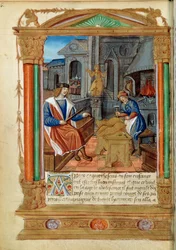 Skulptur: Ein Meister kontrolliert die Arbeit seines Lehrlings, der einen Adler schnitzt. Miniatur aus "Roman de Theseus de Cologne et de Godifer" 16. Jahrhundert Paris, B.N.