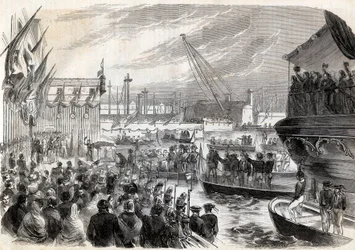Zweiter Italienischer Unabhängigkeitskrieg, Italienfeldzug von 1859: Napoleon III. (1808-1873) im Hafen von Genua 12.05.1859 - Ankunft der Franzosen in Genua, 12. Mai