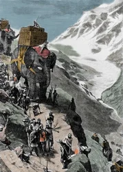 Zweiter Punischer Krieg. Die Armee von Hannibal Barca überquert die Alpen, 218 v. Chr. Italienische Gravur des 19. Jahrhunderts.