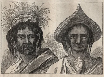 Zweite Reise (1772-1775) von Kapitän James Cook (1728-1779): Mann und Frau von der Osterinsel - Illustration aus „Die großen Seefahrer des 18. Jahrhunderts“