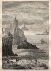 Zweite Reise (1772-1775) von Kapitän James Cook (1728-1779): Blick auf den Noel-Kanal, Feuerland - Illustration aus „Die großen Seefahrer des 18. Jahrhunderts“