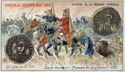 Serie Histoire de la Monnaie Française, veröffentlicht von Chocolat Guérin Boutron. Chromolithographie des 19. Jahrhunderts. Barbarisches Gallien. Sigismund-Währung