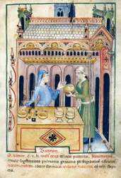 Laden mit Butterbrot und zwei Frauen, Illustration aus Tacuinum sanitatis