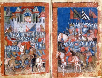 Belagerung von Pamplona in Spanien durch Karl den Großen. Miniatur aus „Entree of Spain“. 14. Jahrhundert Venedig, Biblioteca Marciana