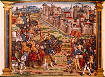 Belagerung einer Stadt mit Bomben: Ludwig XI. gegen die Lütticher. Miniatur aus dem Manuskript „Les epitaphes des feux kings Louis XIth of this name and from Charles his son VIII of this name that god absoe“