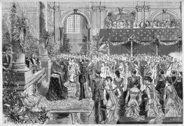 Silberhochzeit des Königs und der Königin von Schweden und Norwegen, Oskar II. (1829-1907) und Sophie von Nassau (1836-1913), 6. Juni 1882. Gravur in „Die illustre Welt“ Nr. 1316 vom 17. Juni 1882