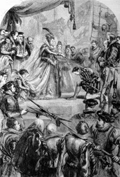 Sir Francis Drake (1540-1596), englischer Navigator, wurde 1581 von Königin Elisabeth I. zum Ritter geschlagen. Gravur.