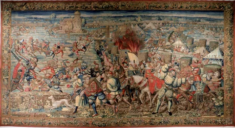 Sechster Italienischer Krieg (1521-1526): Darstellung der Schlacht bei Pavia am 24.02.1525, in der Franz I. gegen Karl V. unterlag. Wandteppich. Neapel, Museo Nazionale di Capodimonte.