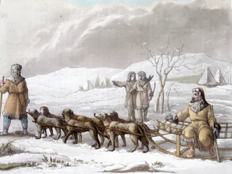 Schlitten der Kamtschatkales, gezogen von Hunden, Sibirien. Zeichnung von Gallina f. Bibliothèque des arts décoratifs de Paris. „Le costume ancien et moderne“