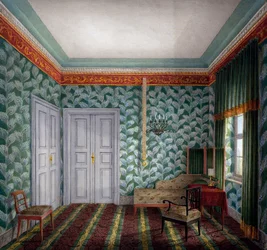 Kleines Tageszimmer mit grüner Tapete und Laub