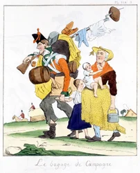 Englischer Soldat der Napoleonischen Feldzüge mit seiner Frau und seinen Kindern - in „Musée de la caricature“ von E. Jaime, ed. Delloye, Paris
