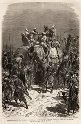 Feierliches Treffen und Händeschütteln auf dem Rücken eines Elefanten, zwischen dem Team der Reisenden und dem Maharadscha von Chutterpore, auf der Messe von Kajraha. Gravur zur Illustration der Reise in Indien der Rajahs, von Louis Rousselet, 1864-1868, v