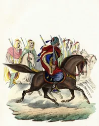 Spahis, ein einheimisches Kavalleriekorps der französischen Armee Afrikas, hauptsächlich aus arabischen Reitern bestehend, für die Provinzen Algier 1834, Bone 1835 und Oran 1836 gegründet. In „Storia d