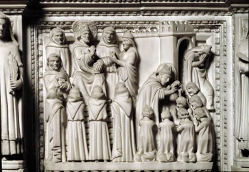 Arche des heiligen Augustinus mit den Reliquien des Heiligen, Detail des Reliefs, das die Disputation und Taufe durch den heiligen Augustinus zeigt