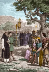 St. Augustinus von Canterbury (gest. 604) predigt vor Ethelbert (552? -616), anglo-sächsischer König von Kent, den er 597 taufte - Augustinus wurde von Papst Gregor I. gesandt, um die Angelsachsen zum Christentum zu bekehren - Darstellung von St. Augustinu