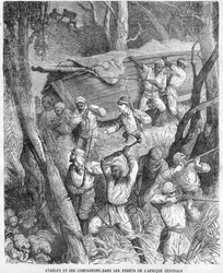 Stanley in Afrika - Stanleys Expedition nach Zentralafrika 1874-1877: Marsch durch den Dschungel - Holzschnitt nach einer Zeichnung von Horace Castelli (1825-1889)