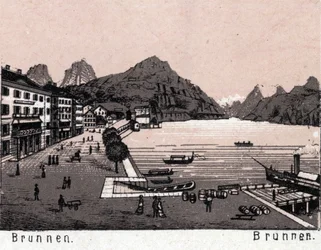 Schweiz: Blick auf die Stadt Brunnen. in „Die Welt illustriert 168 Ansichten“. Undatiert (spätes 19. Jahrhundert)