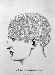Symbolischer Kopf. Illustration aus Charles Rouvins Buch von 1873 „La Tête humaine“, illustrierte Studien der Phrenologie und Physiognomie angewandt auf berühmte Persönlichkeiten, Paris 1873.