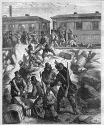 DER ANGRIFF AUF DEN ZUG DES WILDEN WESTENS - die Pazifik-Eisenbahn - Zug von maskierten Banditen überfallen - Gravur von 1887