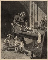 Tischkunst: schneidet Lebensmittel vor dem Eintreffen der Gabel. Ein Mann hält das Fleisch mit einem Blatt Papier in einer Hand und benutzt sein Messer in der anderen. Gravur von 1885 in „Les arts et metiers illustres“ von Adolphe BITARD