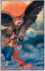 Abflug mit einem Adler. Die wunderbaren Abenteuer von Sindbad dem Seefahrer. Beliebte Geschichte aus 1001 Nacht. Chromolithographie aus dem späten 19. Jahrhundert.