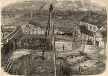 Telegrafie: Das transatlantische Kabel, hergestellt in der Glasfabrik Elliot and Company in East Greenwich (England), ist bereit zur Auslieferung. Gravur in „The Illustrated London News“ vom 14. März.