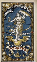 Tempus: Allegorie der Zeit (weibliche Figur mit Sanduhr, Wind, Flügel), Illustration für Kalender 1889