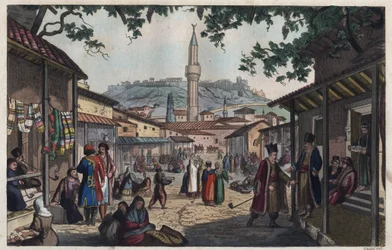 Der Basarmarkt von Athen im frühen 19. Jahrhundert - Stich aus „Usi e Costumi di Tutti i Popoli dell