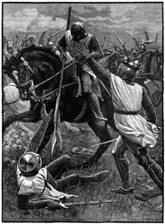 Die Schlacht von Evesham, 4. August 1265. (ca. 1800). Evesham markierte das Ende des Zweiten Baronenkriegs. Royalistische Truppen unter der Führung von Prinz Edward (Edward I.) besiegten Simon de Montfort (ca. 1208-1265), der in der Schlacht getötet wurde.