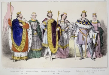 Die Kapetinger. Von links nach rechts: Ludwig VI. genannt der Dicke (1081-1137), Adelaide oder Alix von Savoyen (? -1154), Ludwig VII. genannt der Jüngere (1120-1180), Alix von Champagne (1140-1206), Philipp II. genannt August (1165-1223) und Isabelle von 