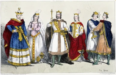 Die Karolinger: Karl II. genannt der Kahle (823-877) und Richilde von Ardennen oder Provence (845-910), Ludwig II. genannt der Stammler (846-879) und Ansgarde von Burgund (826-880 oder 882), Ludwig III. (863-882) und Karlmann II. (867-884) - Tafel aus Köni