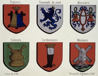 Die Wappen von Gent (Beispiel von Wappen des Mittelalters): Friebriers, Cusserands, Merciers, Lebensmittelhändler, Schuhmacher, Müller