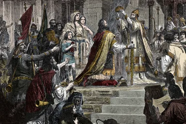 Die Krönung Karls des Großen (742-814) im Jahr 800 durch Papst Leo III.