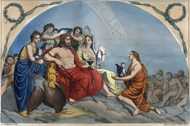 Der Rat der Götter oder Versammlung der Götter: Zeus auf dem Olymp, umgeben von Gottheiten - Olymp-Stich aus „Usi e Costumi di Tutti i Popoli dell