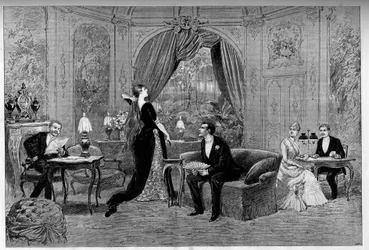 Der Graf von Riverolles, Francine, Stanislas de Grandredon, Therese Smith und Henri de Simeux, Charaktere des Stücks „Francillon“, Komödie von Alexandre Dumas (1824-1895), gespielt an der Comédie-Française (1887) in Paris. Gravur in „Le monde illustré“