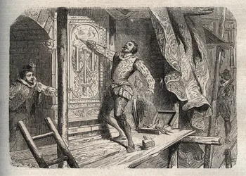 Der Tod von Jean Goujon (1510-1562 oder 1569), gestorben laut Legende 1572 während der Bartholomäusnacht - Gravur in „Dictionnaire populaire illustré“ - 1864 - von Joseph Decembre und Edmond Allonier
