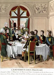 Der französische Kaiser Napoleon I. in Tilssit empfängt den Kaiser von Russland, Prinz Konstantin, den König von Preußen, seine Frau, Prinz Heinrich und den Großherzog von Bert und stößt auf die Gesundheit der Königin von Preußen an. Gravur aus dem frühen 