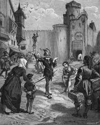 Der deutsche Ritter, Dichter und Humanist Ulrich von Hutten (1488-1523) deklamiert eines seiner Gedichte auf der Straße. Gravur des 19. Jahrhunderts. In „Histoire de France“ von Jules Michelet
