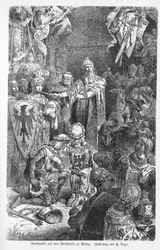 Der große Kaiser Friedrich Barbarossa hält Hof in Mainz - Friedrich I. von Hohenstaufen, genannt Friedrich Barbarossa, empfängt in Mainz das Kreuz des Bischofs Gerard von Würzburg - Gravur in „Kaiser, König und Papst“ von Richard Roth