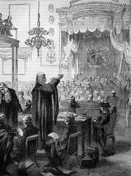 Das House of Lords während des Prozesses gegen Königin Caroline im Jahr 1820 - Rede von Mr. Brougham zur Verteidigung - Caroline von Braunschweig-Wolfenbüttel (1768-1821), Gemahlin von Georg IV. von Großbritannien und Irland.