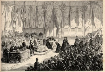 Die Kaiserin Eugenie de Montijo (1826-1920) leitet die Preisverleihung an die kaiserliche Institution der Ehrenlegion in Saint Denis. Gravur in „L