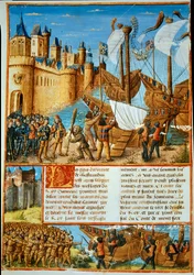 Der König von Frankreich Ludwig IX. (der Heilige Ludwig) (1214-1270) schifft sich zum Siebten Kreuzzug ein. Miniatur aus „Les passages faits Outremer par les Français contre les Turks et autres Sarrazins et Moures Outremarine“ von Sebastien Mamerot