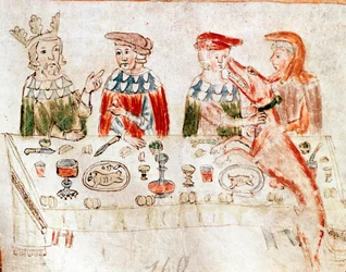Der Frankenkönig Pippin III., der Jüngere (714-768), und sein Sohn Karl der Große bei einem Bankett. Miniatur aus einer Handschrift des 12. Jahrhunderts. Venedig, Biblioteca Nazionale Marciana