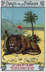 Der Löwe und die Ratte - Fabeln von Jean de La Fontaine (1621-95) - Chromolithographie des späten 19. Jahrhunderts Private Sammlung