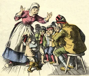 Der kleine Poulet und seine Brüder kehren zu ihren Eltern zurück. Illustration aus dem Märchen „Der kleine Däumling“ von Charles Perrault