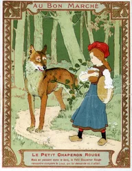 Rotkäppchen trifft den Wolf - Bon Marché Werbeetikett