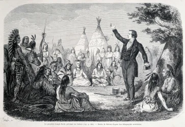 Der Mormonenprophet Joseph Smith predigt den Indianern (Nordamerika). Illustration aus dem 19. Jahrhundert