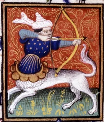 Der Schütze. Miniatur eines Horoskops. Manuskript aus dem 15. Jahrhundert. Bibl. Trivulziana, Mailand